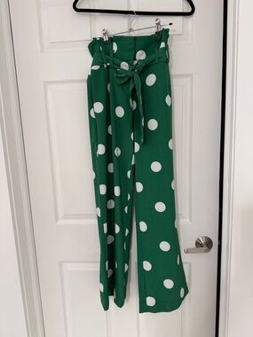 New York & Company Green Polka Dot Wide-Leg Paperbag Pants
